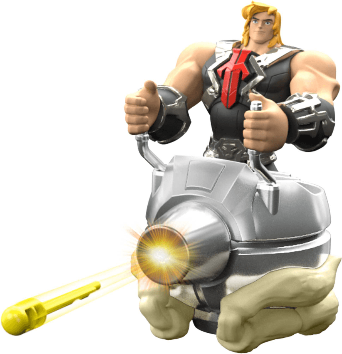 Muskulöse Actionfigur sitzt auf einem silbernen Fahrzeug und feuert ein gelbes Geschoss ab.