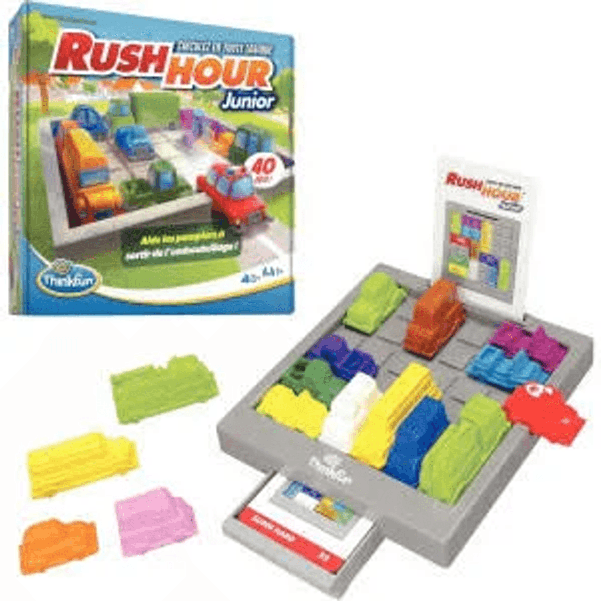 Juego de mesa Rush Hour Junior con coches de plástico coloridos y tarjetas.