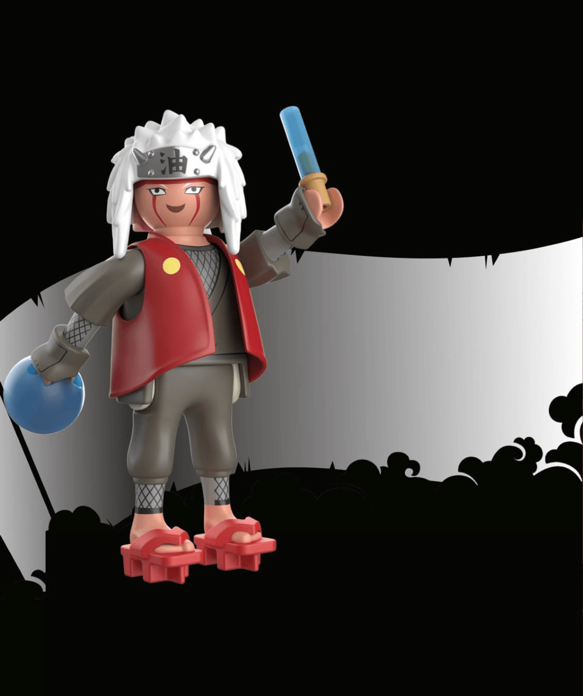 Weißhaarige Ninja-Figur im Playmobil-Stil hält eine blaue Kugel und einen Stab vor schwarz-weißem Hintergrund.