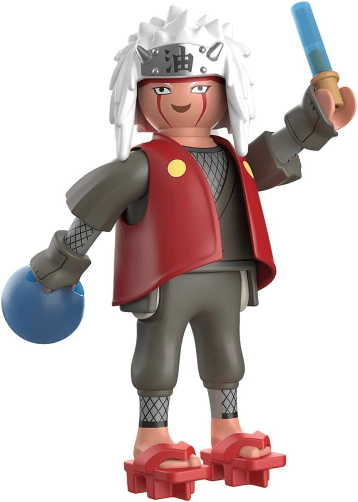 Anime-Figur im Spielzeug-Stil mit weißem Haar, roter Weste, roten Sandalen und blauen Zubehörteilen.