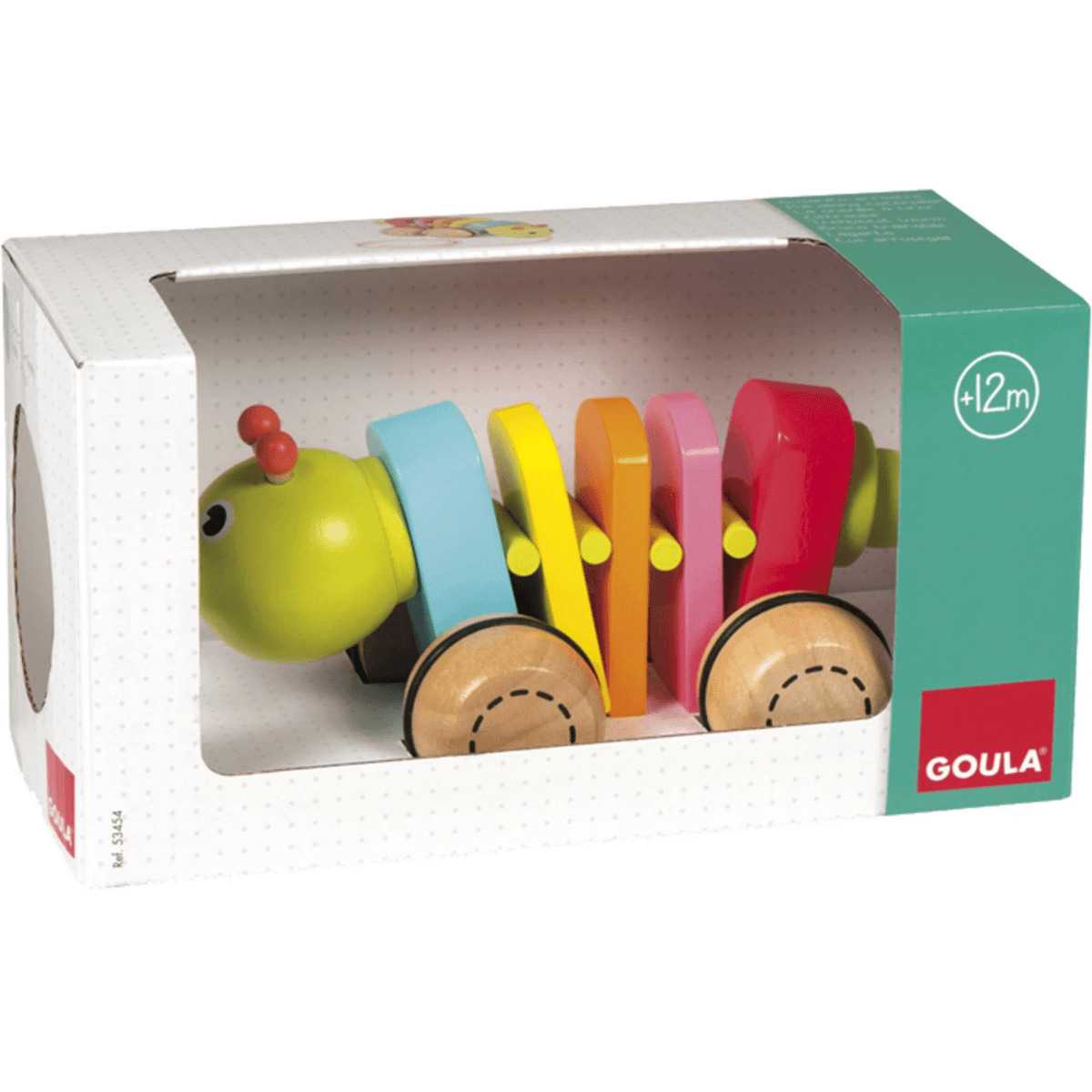 Oruga de madera colorida de juguete en una caja verde para niños mayores de 12 meses.