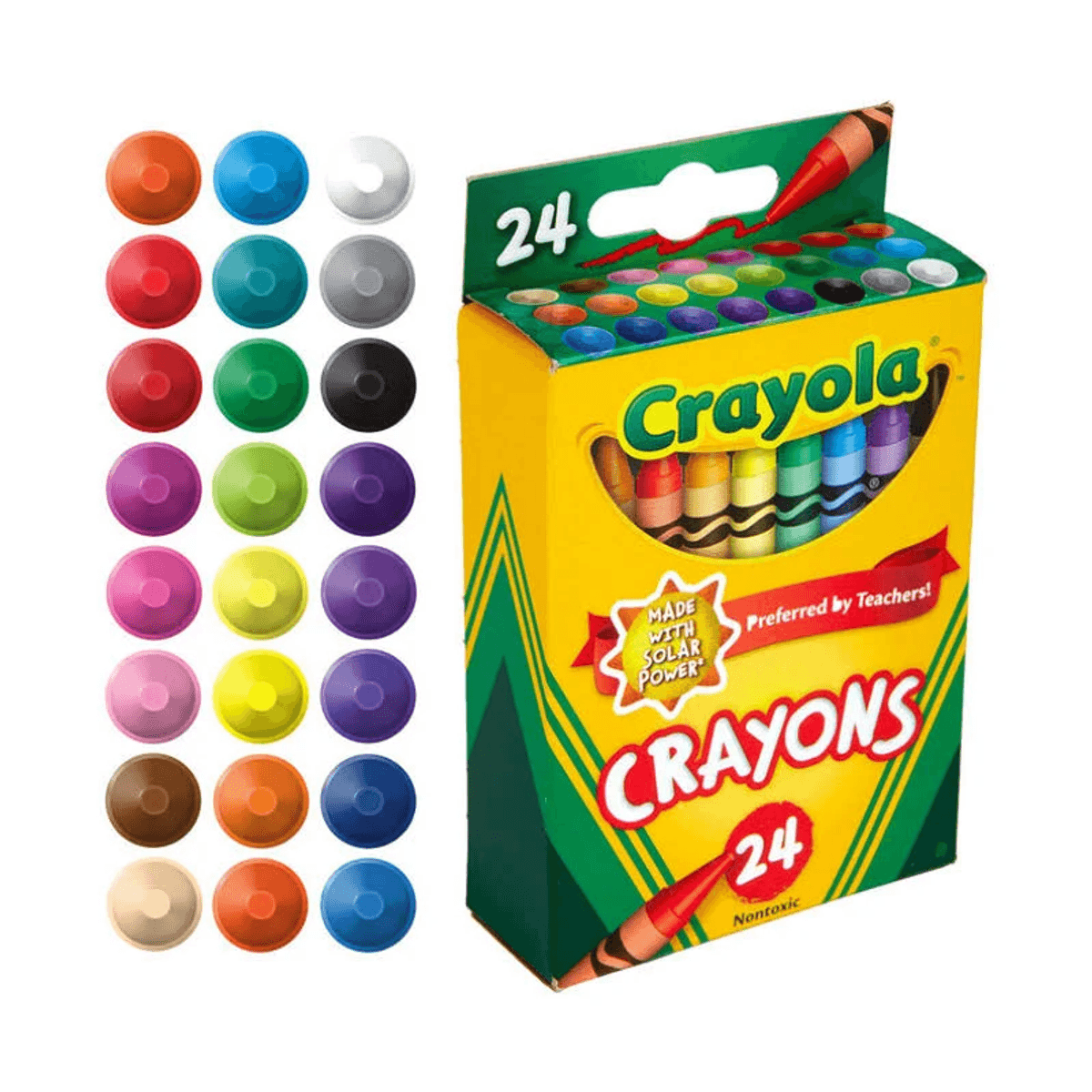 Una caja de 24 crayones Crayola de varios colores junto a una paleta de colores.