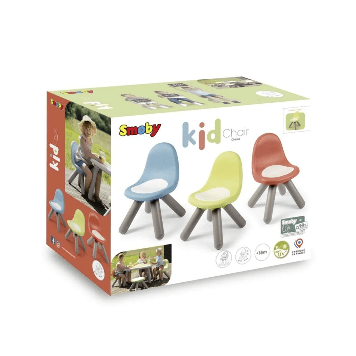 Verpackungskarton für Smoby Kid Chair mit blauen, grünen und roten Kinderstühlen.