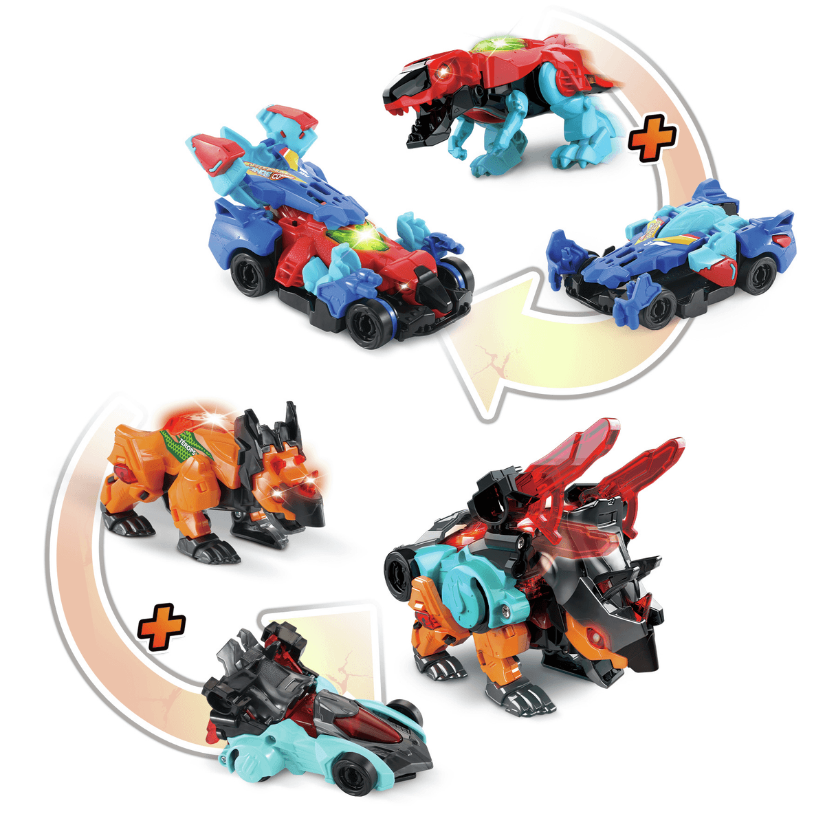 Dos dinosaurios de juguete que se transforman en coches de carreras, mostrados en modo dinosaurio y coche.
