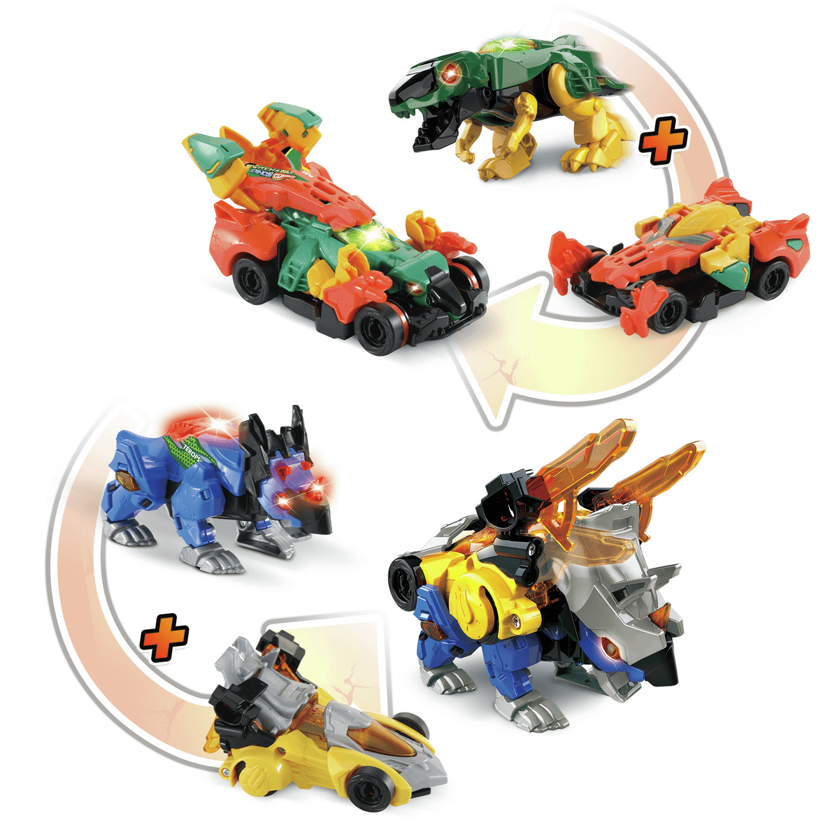 Dinosaurios de juguete coloridos que se transforman en autos de carrera.