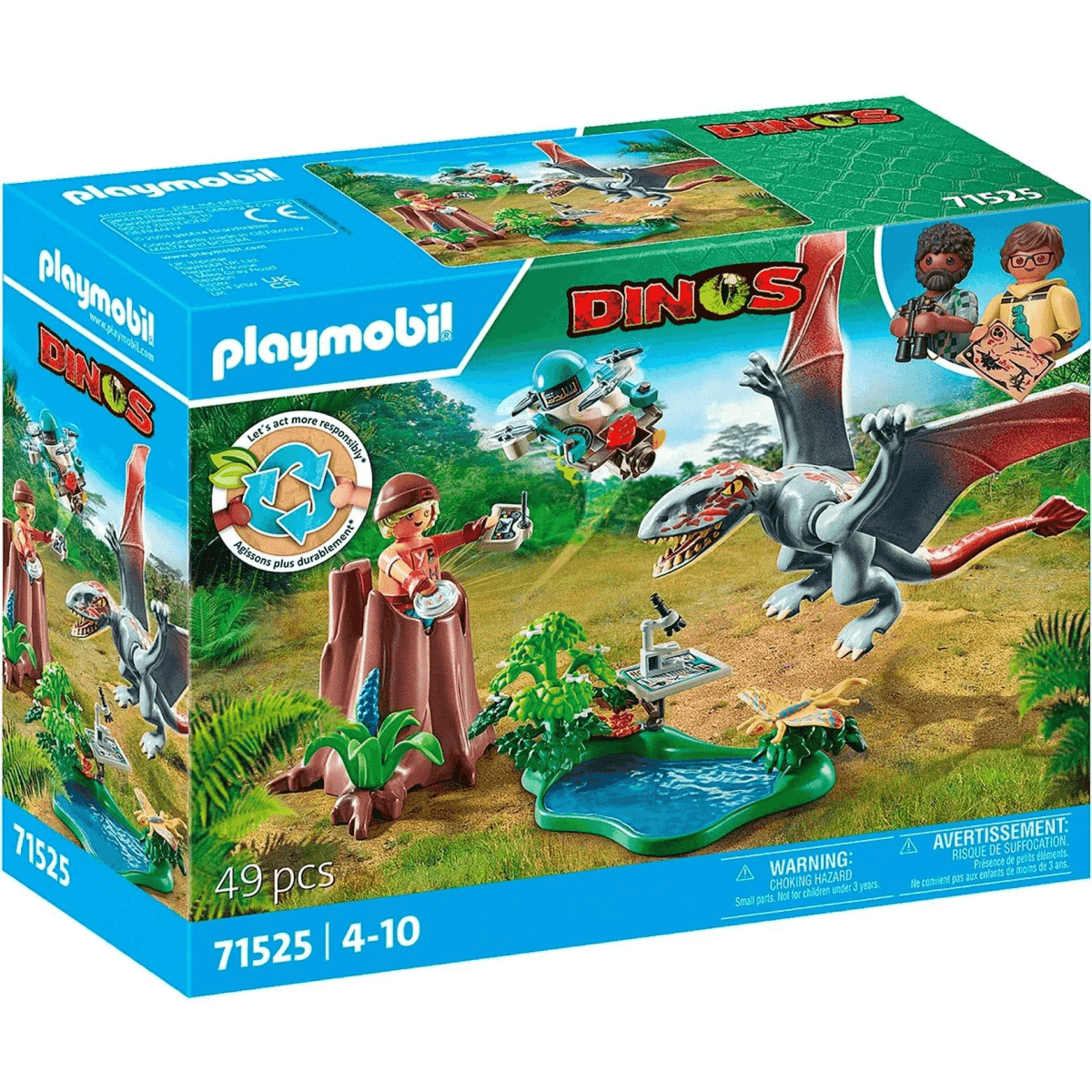Caja del set Playmobil Dinos con dinosaurio volador, figuras de exploradores, dron y selva con estanque.