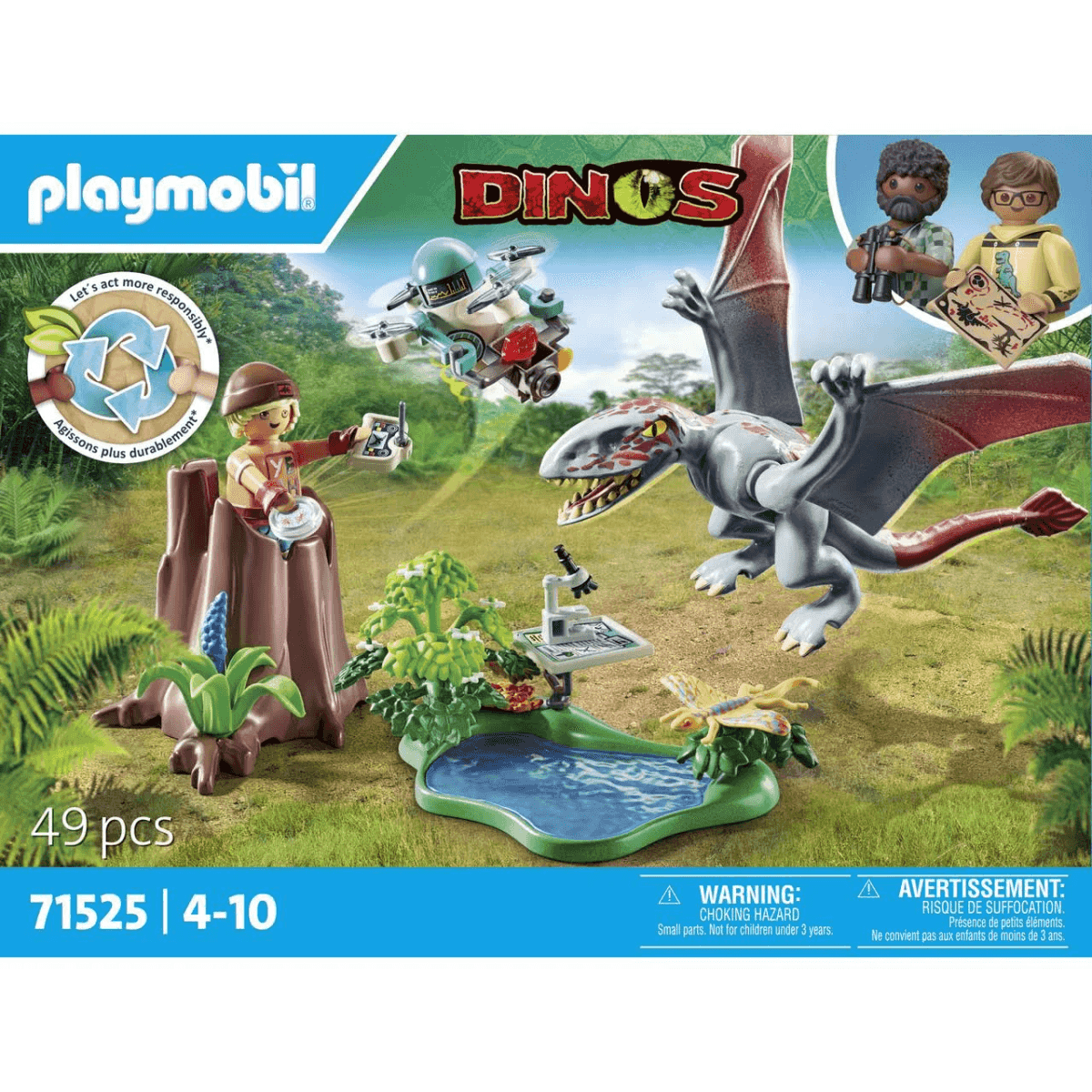 Set de Playmobil Dinos con pterosaurio, dron, investigador, microscopio y estanque en la selva.