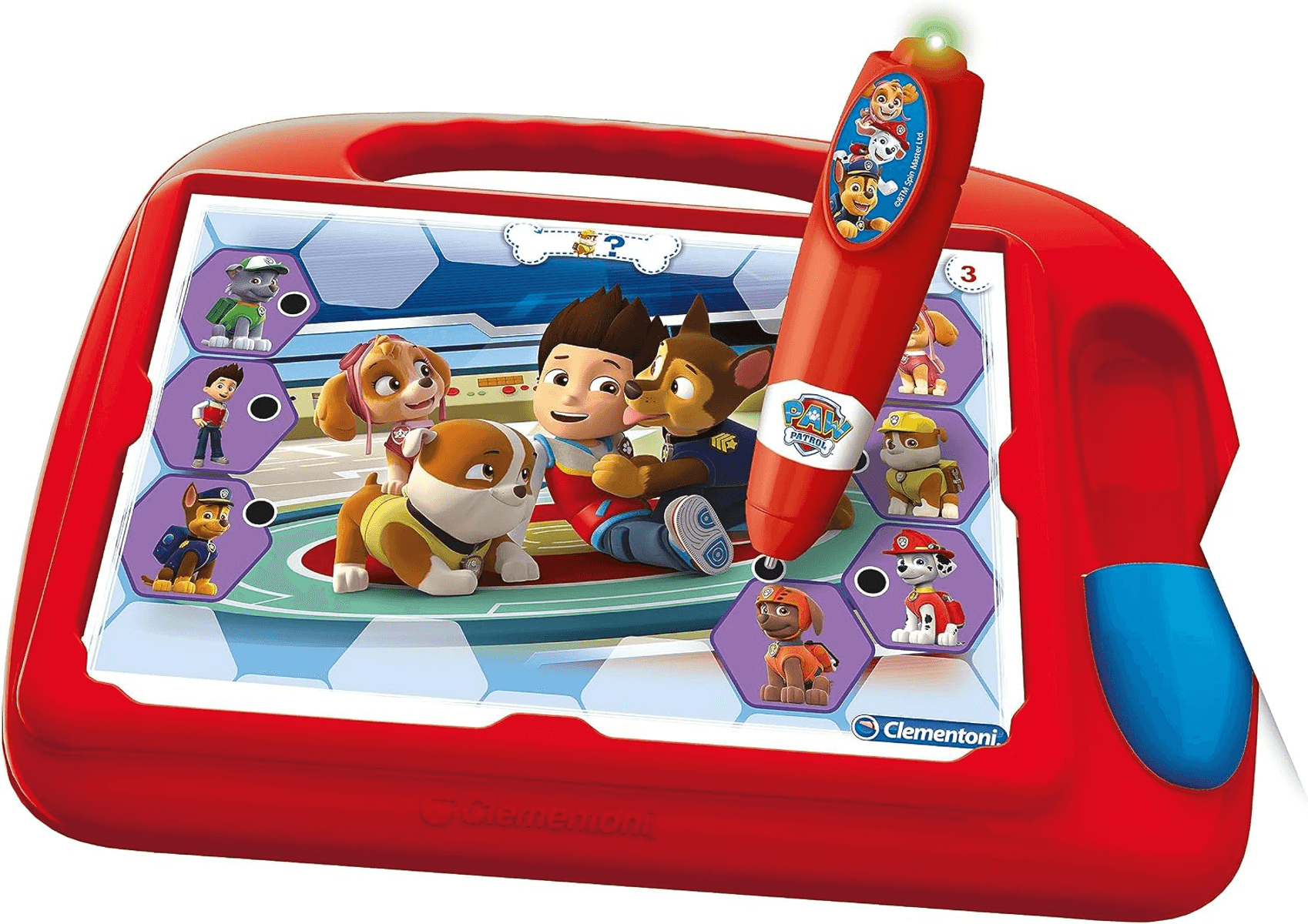 Juguete educativo Paw Patrol en carcasa roja con lápiz interactivo e imágenes.