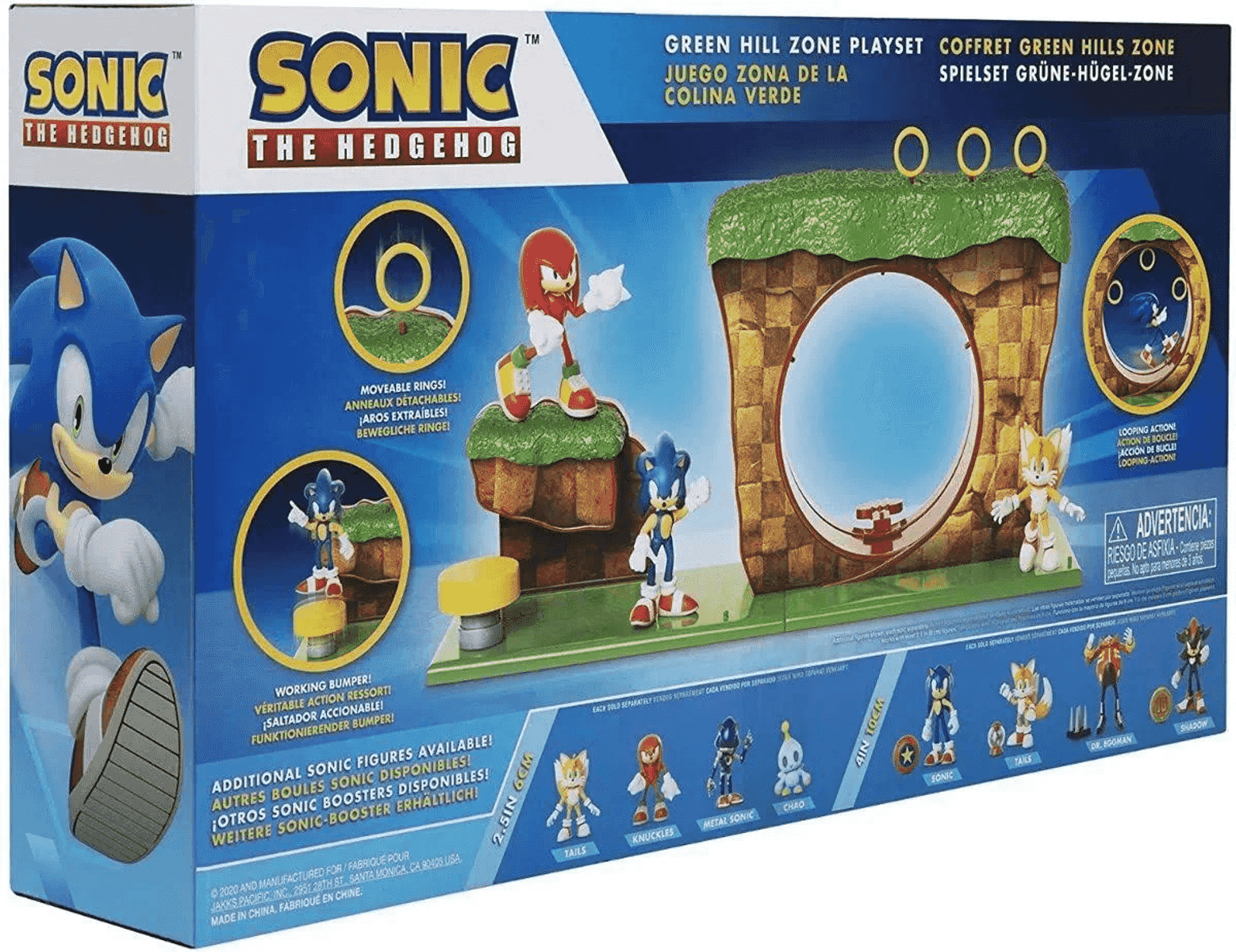 Caja del set de juego Sonic the Hedgehog Green Hill Zone, con figuras de Sonic, Knuckles, Tails y funciones interactivas.