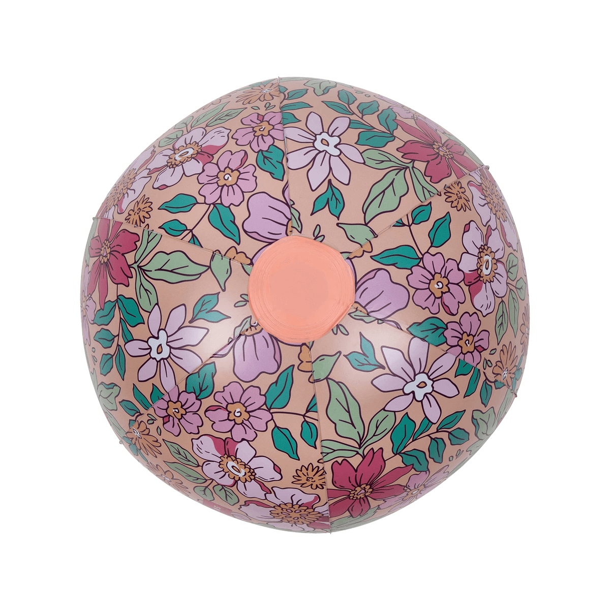 Una pelota de playa redonda con fondo rosa estampada con flores coloridas y hojas verdes.