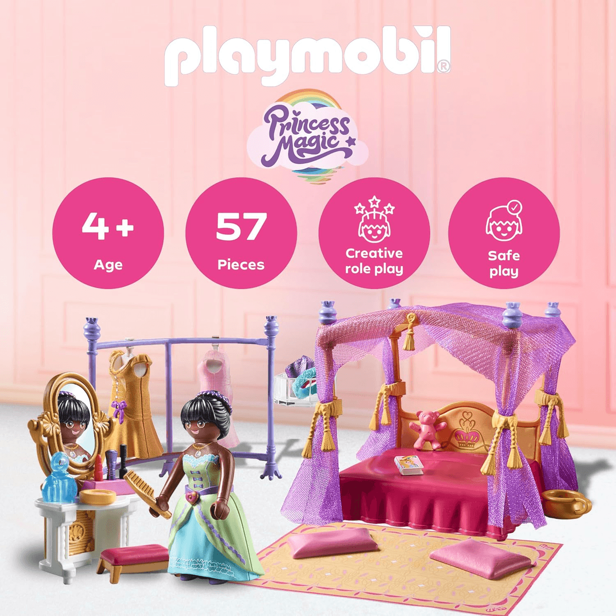 Set Playmobil Princess Magic con muñeca, cama con dosel, tocador y perchero sobre fondo rosa.