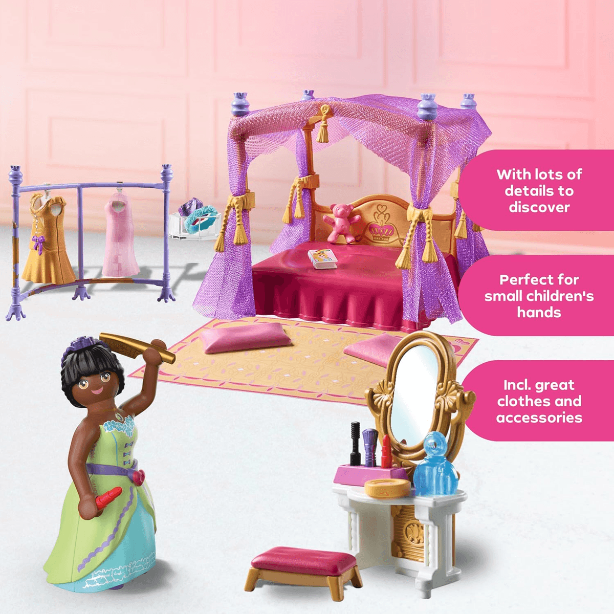 Set de princesa Playmobil con cama, tocador, perchero, figura y detalles rosas sobre un fondo rosa suave.