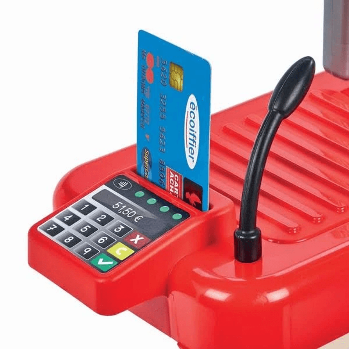 Caja registradora de juguete roja con teclado, pantalla, palanca negra y una tarjeta azul Ecoiffier.