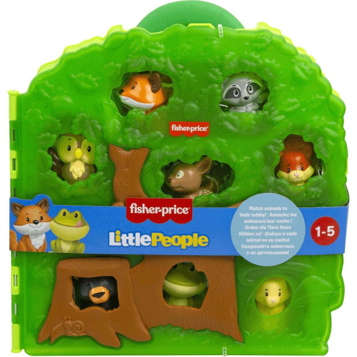 Un árbol de juguete verde de Fisher-Price Little People con figuras de animales asomándose.