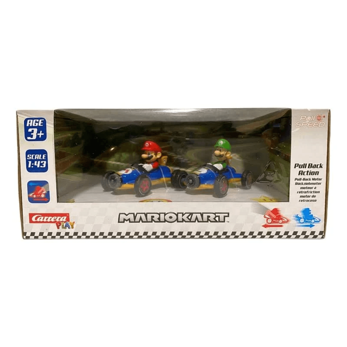 Embalaje de juguete Carrera Mario Kart con coches de carreras de Mario y Luigi.