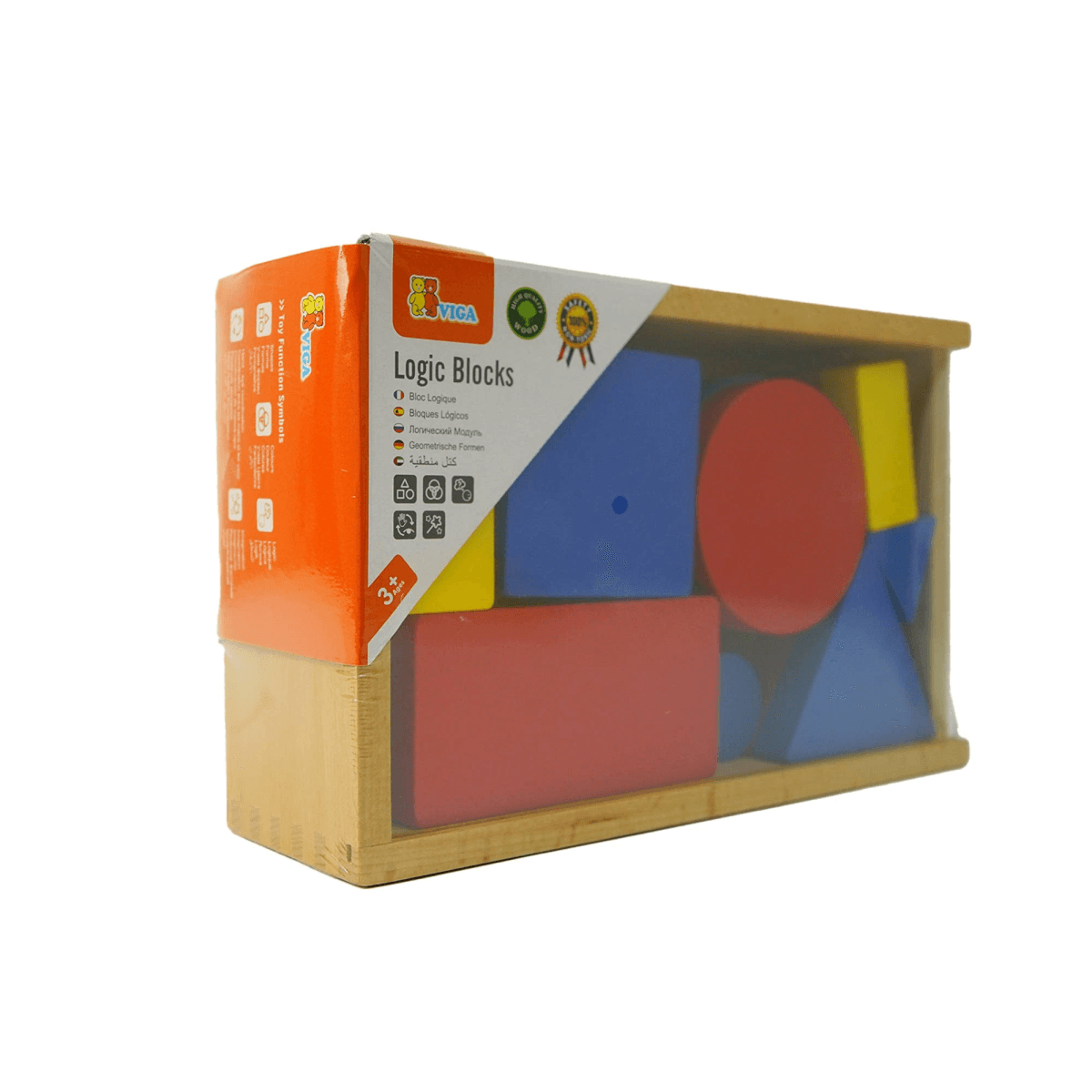 Una caja de madera con bloques lógicos de colores en varias formas geométricas.