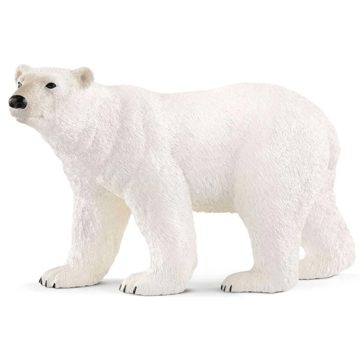 Eine detaillierte Spielzeugfigur eines stehenden weißen Eisbären mit schwarzer Nase und Pfoten auf weißem Grund.
