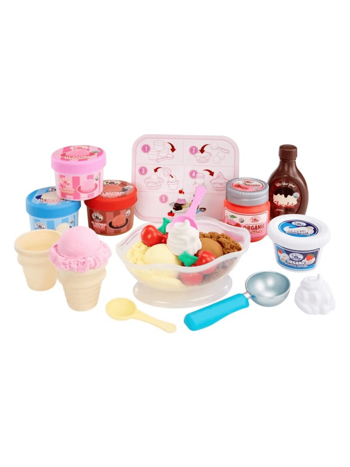 Ein Eisdielen-Spielset mit WÃ¼rfeln, Schalen, LÃ¶ffeln, Toppings und Anleitung auf weiÃem Grund.