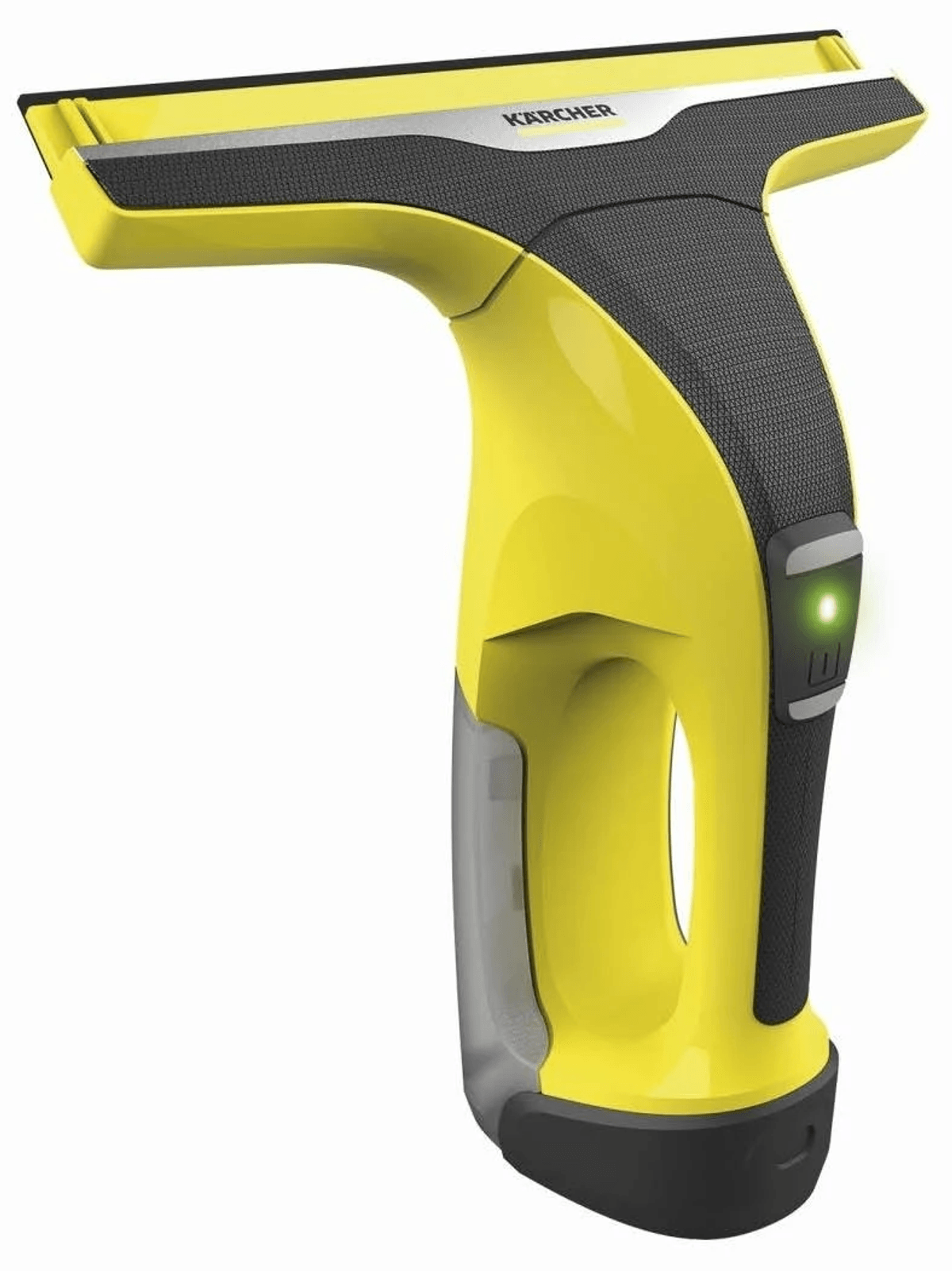 Un limpiador de ventanas Kärcher amarillo y negro con un botón de encendido verde iluminado.