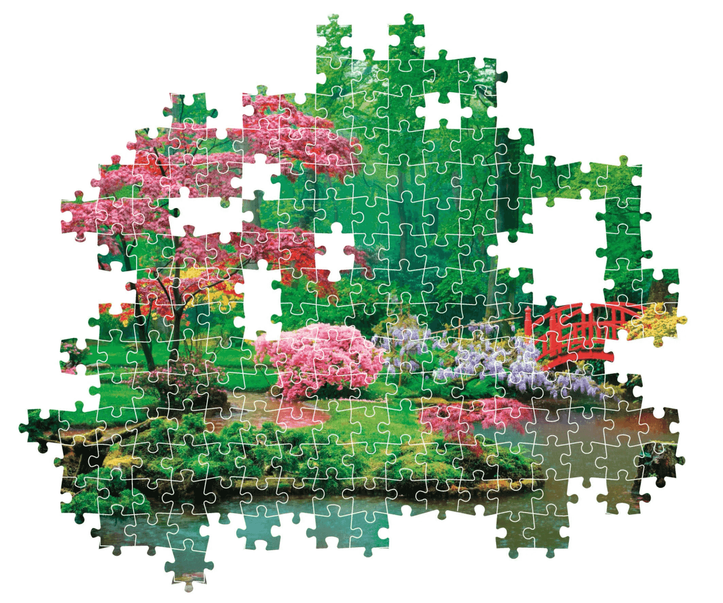 Un rompecabezas inacabado muestra un frondoso jardín con flores rosadas, árboles verdes, un puente rojo y un estanque.