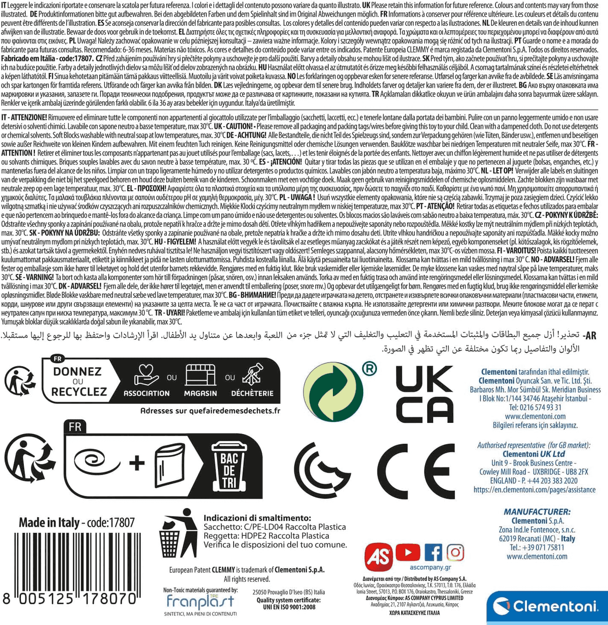 Información del producto en varios idiomas, advertencias, símbolos de reciclaje y datos del fabricante sobre fondo blanco.
