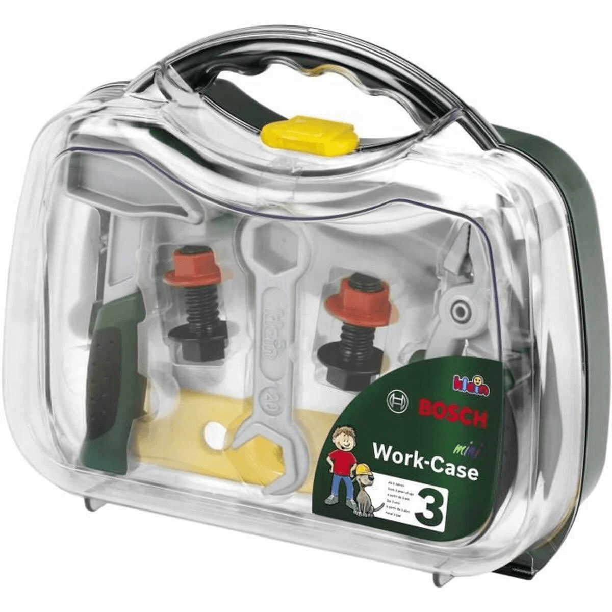 Durchsichtiger Bosch Mini Werkzeugkoffer aus Kunststoff mit Spielzeugwerkzeug wie Schraubenschlüssel und Schrauben.