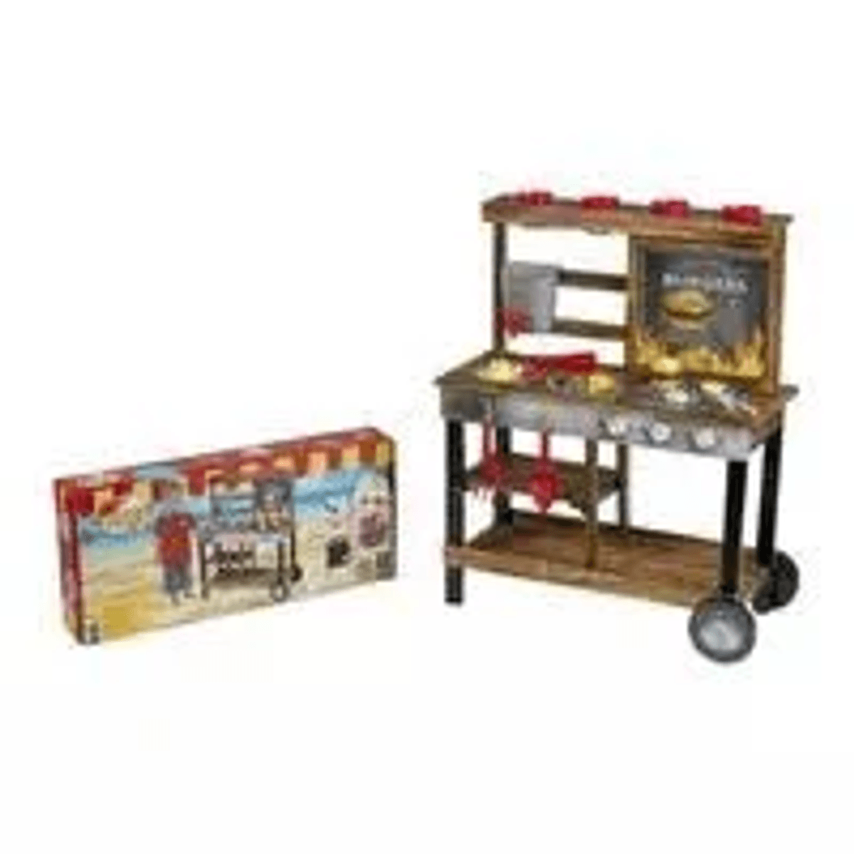 Ein hölzerner Spielzeug-Essenswagen mit Rädern und Zubehör, daneben die Produktbox vor weißem Hintergrund.
