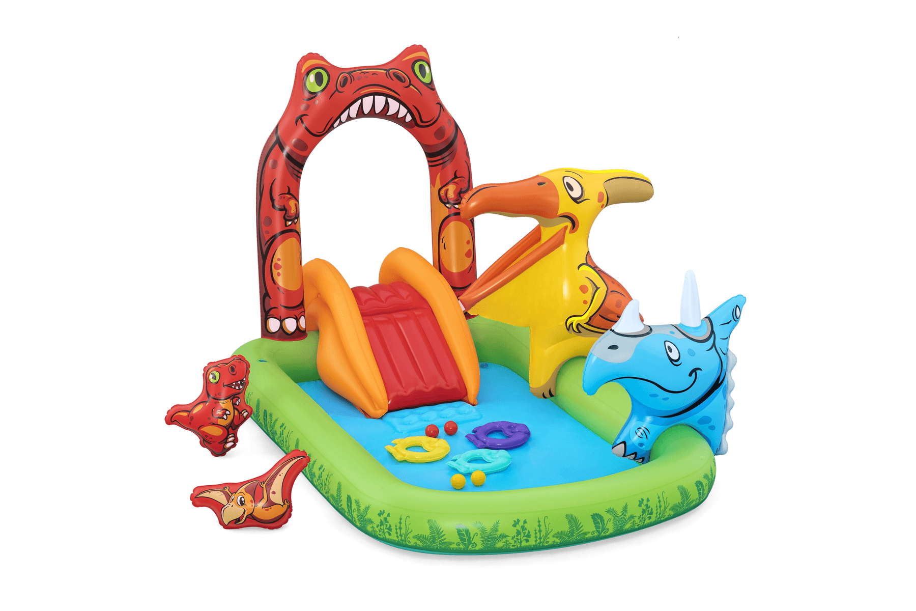 Colorida piscina infantil inflable de dinosaurios con tobogán, arco y accesorios sobre fondo blanco.