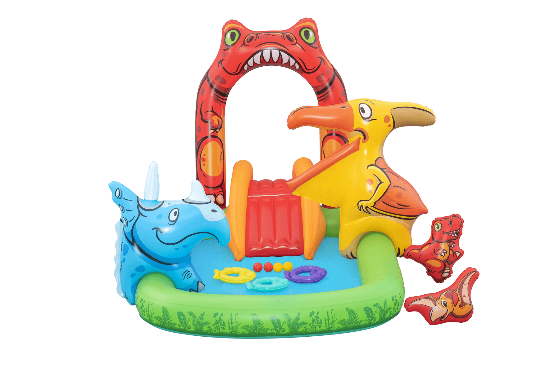 Centro de juegos de agua de dinosaurio inflable con tobogán, piscina azul, pterodáctilo amarillo y arco de T-Rex rojo.