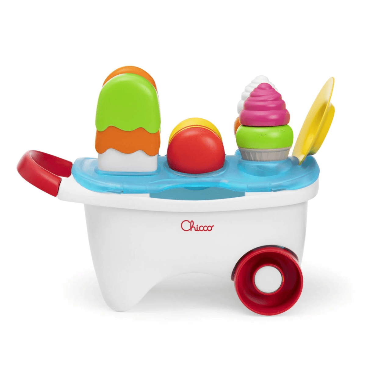 Carro de helados de juguete colorido con bolas y polos de plástico brillantes sobre fondo blanco.