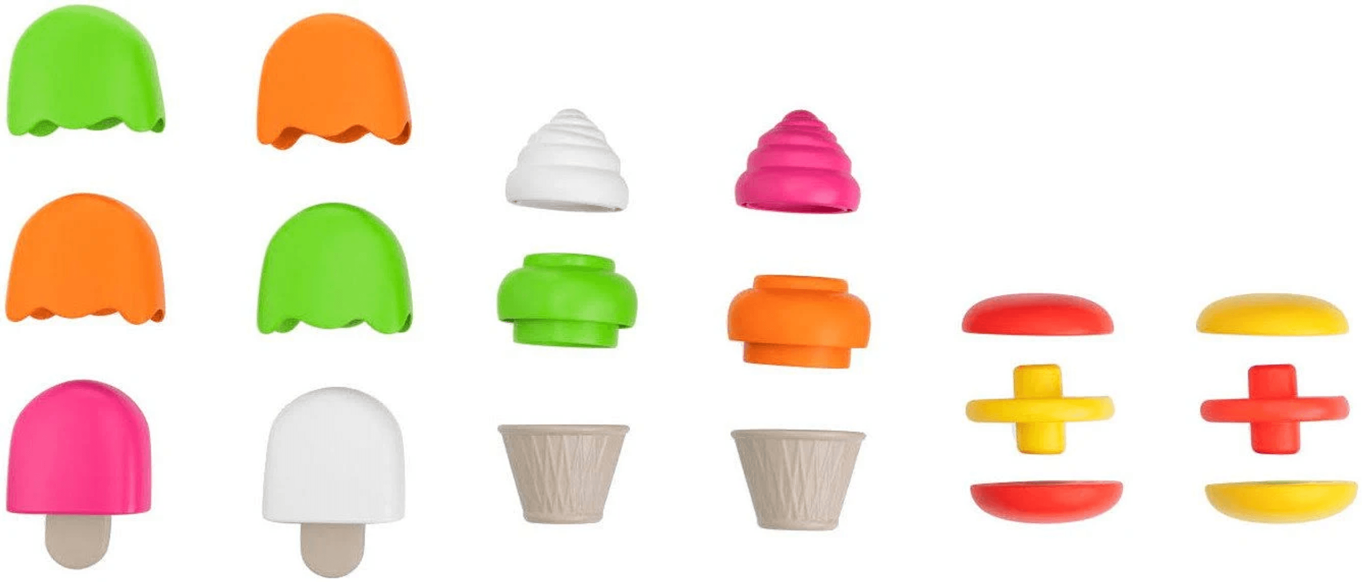 Juguetes de plástico coloridos como helados y pastelitos sobre fondo blanco.