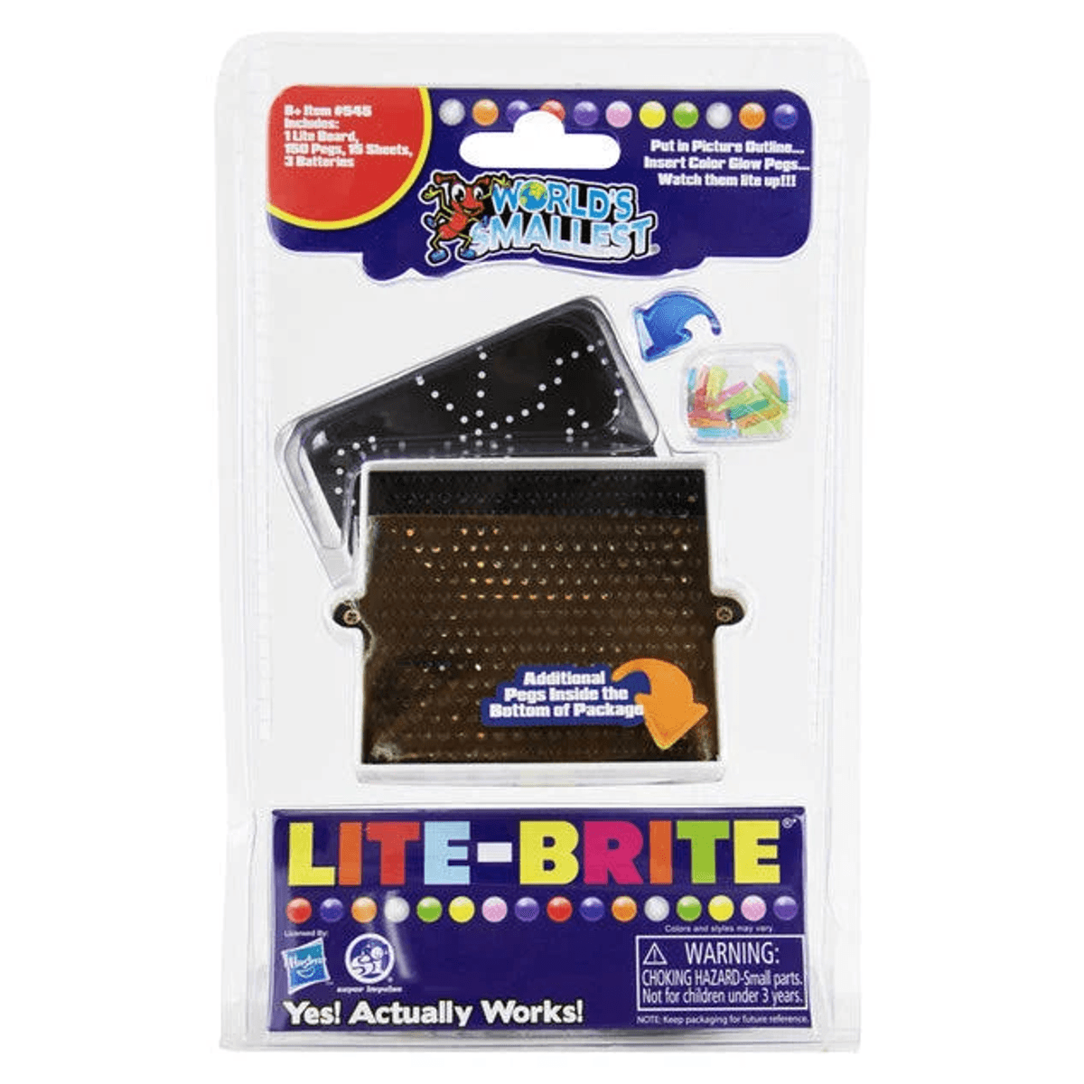 Paquete de Lite-Brite más pequeño del mundo con un tablero de luz negro en miniatura, clavijas de colores y hojas.