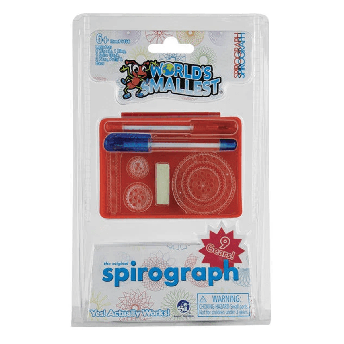 El set Spirograph más pequeño del mundo en blíster con un estuche rojo, engranajes, bolígrafos y masilla.
