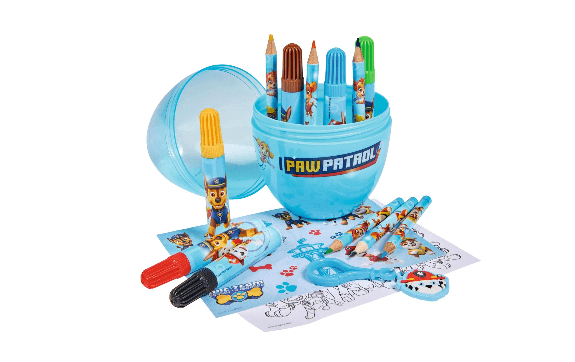 Set de arte Paw Patrol en huevo azul con marcadores, lápices, hojas para colorear y llavero en blanco.