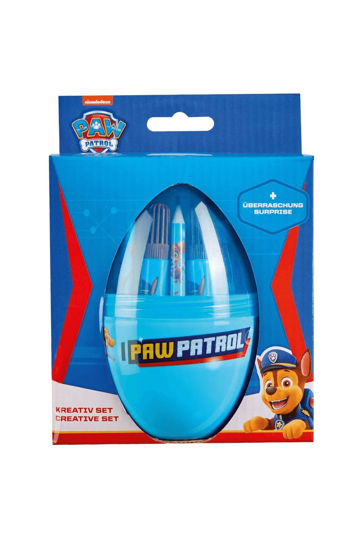 Set creativo de Paw Patrol en un envase azul con forma de huevo y rotuladores.