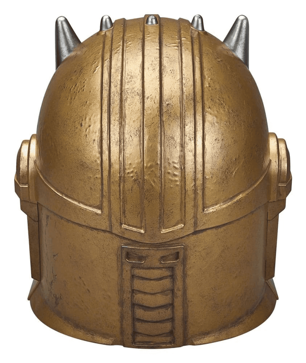 Üstünde beş gümüş boynuz bulunan altın renkli bir Star Wars Mandalorian miğferi.