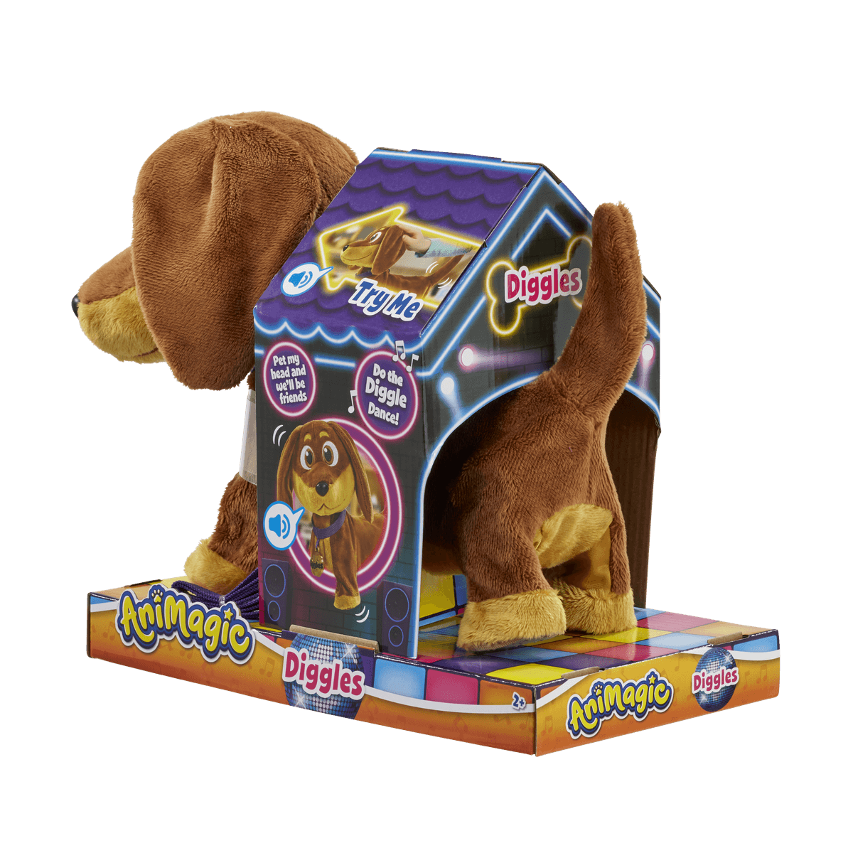 Perro de peluche marrón en una caja colorida con texto como Diggles.