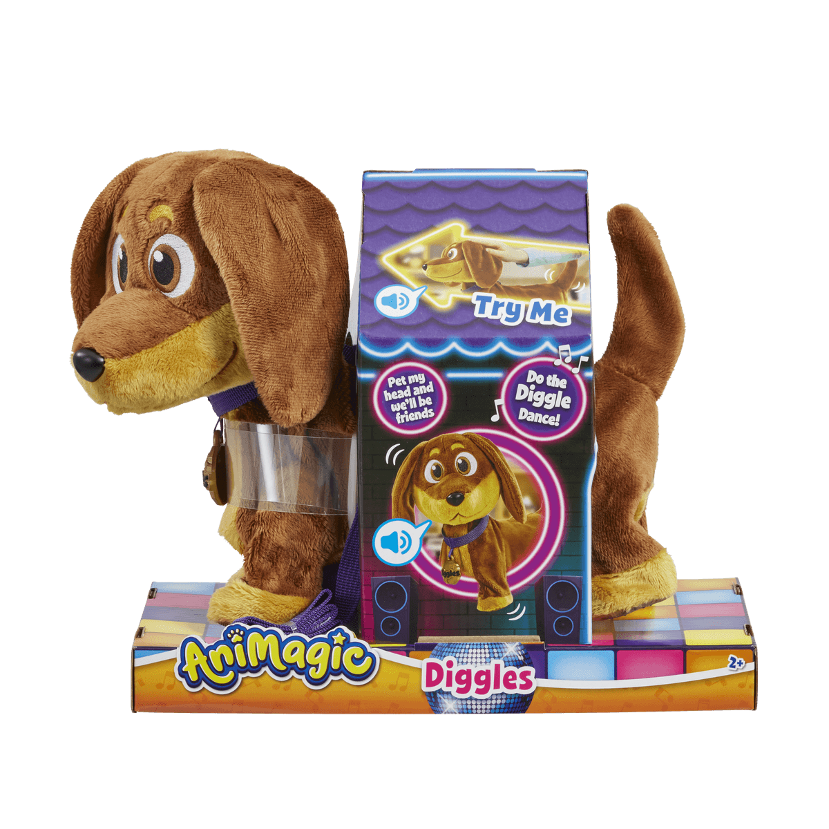 Perro de peluche marrón AniMagic Diggles en envase colorido con diseño de pista de baile.