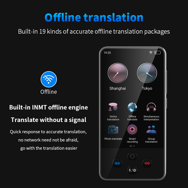 Un dispositivo di traduzione nero con funzioni offline, orologi e icone di app su sfondo scuro.