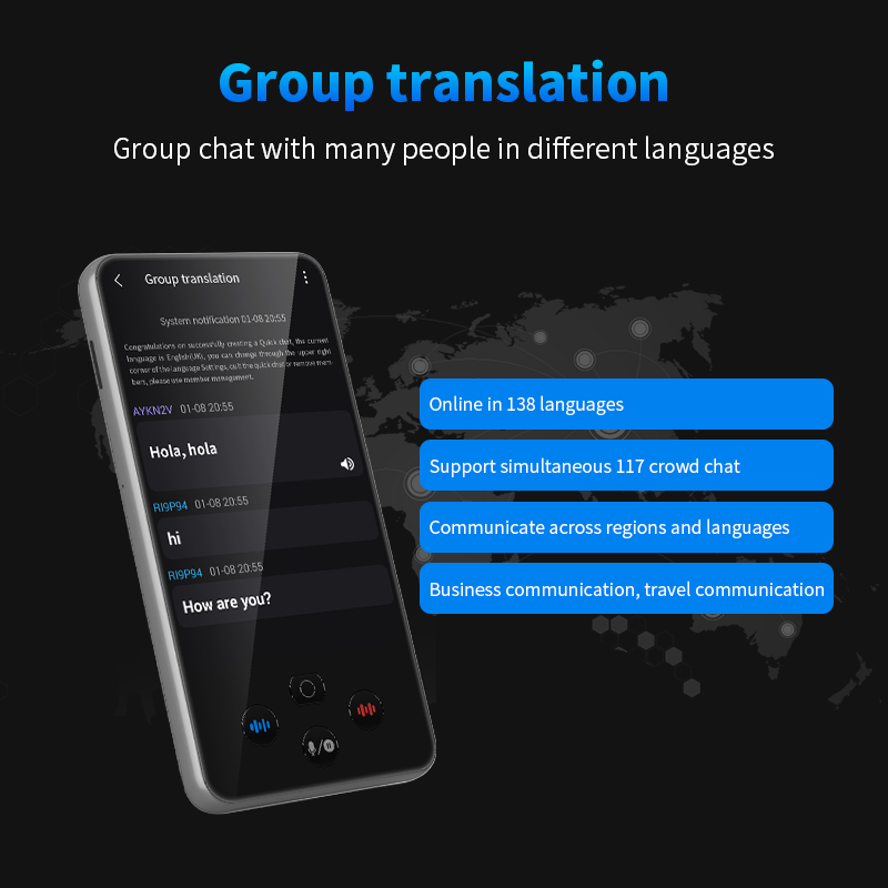 Uno smartphone mostra un'app di traduzione di gruppo su sfondo mappa con caselle di testo.
