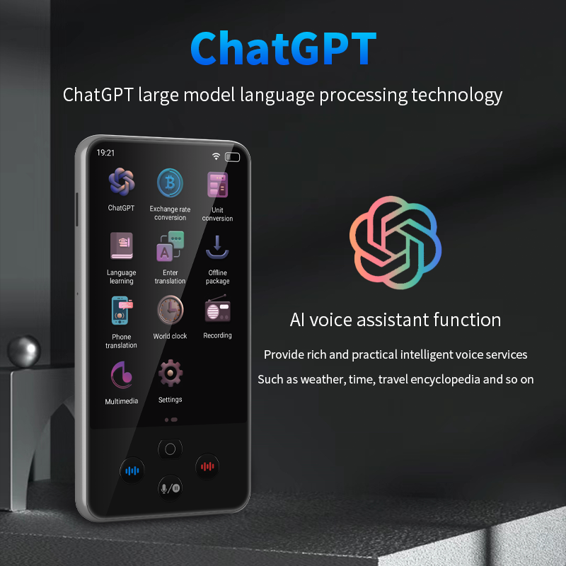 Uno smartphone mostra interfacce dell'app ChatGPT con testo sulla tecnologia vocale AI.