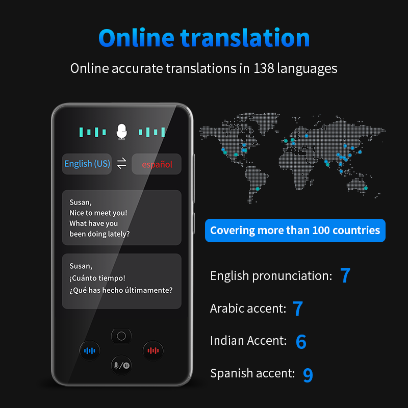 Uno smartphone mostra un'app di traduzione con testo in inglese e spagnolo e una mappa del mondo punteggiata sullo sfondo.