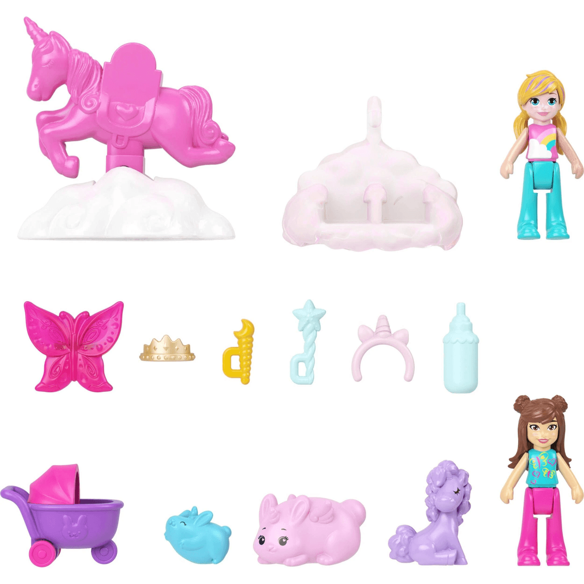 Set de juguetes con dos muñecas, un unicornio rosa, una nube soporte, animales, un carrito y accesorios sobre fondo blanco.