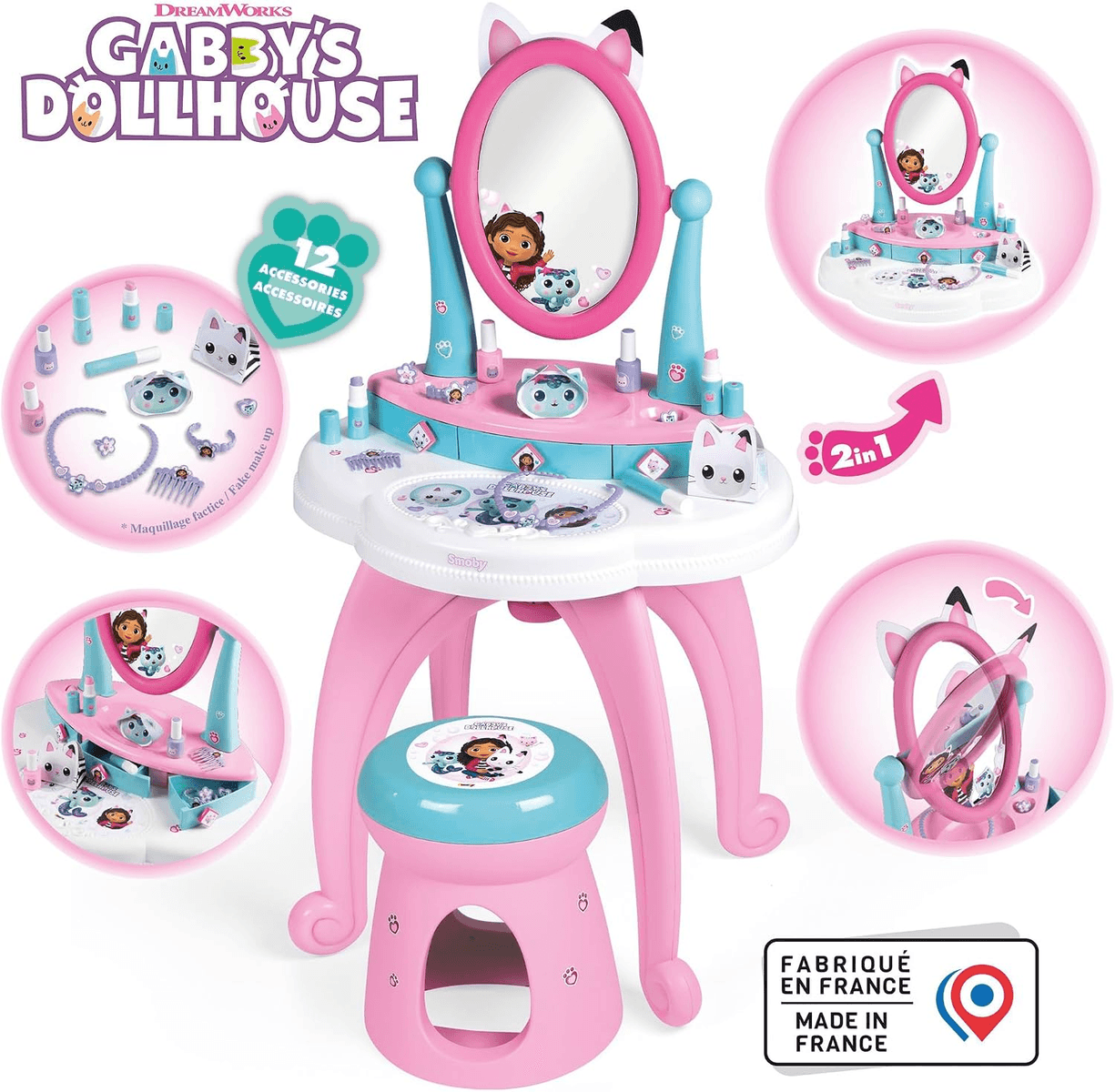 Un tocador infantil rosa y azul de Gabby's Dollhouse con taburete y accesorios.