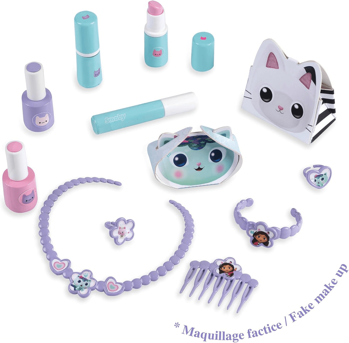 Conjunto de juego infantil con botes de maquillaje, collar, peine y pulsera con motivos de gatos sobre fondo blanco.