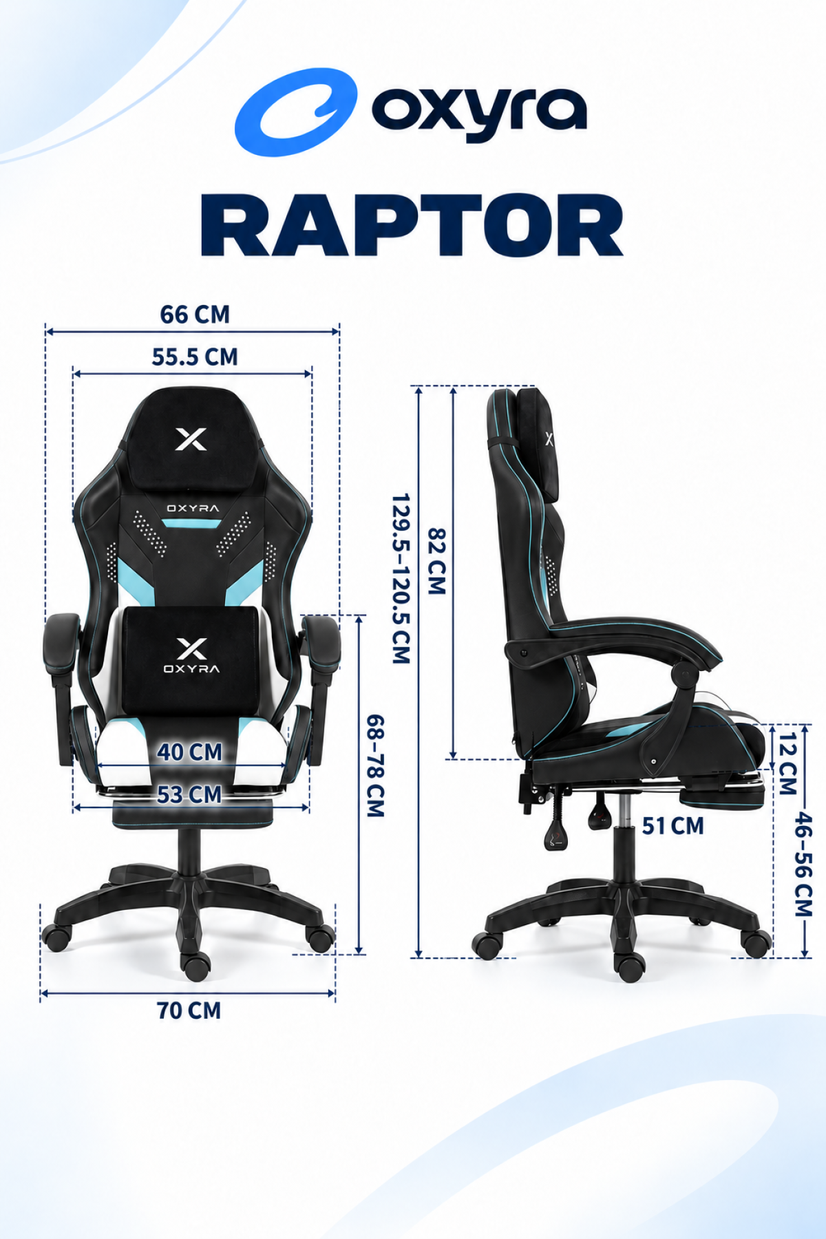 Ön ve yan görünüm ölçüleriyle Oxyra Raptor oyuncu koltuğu.