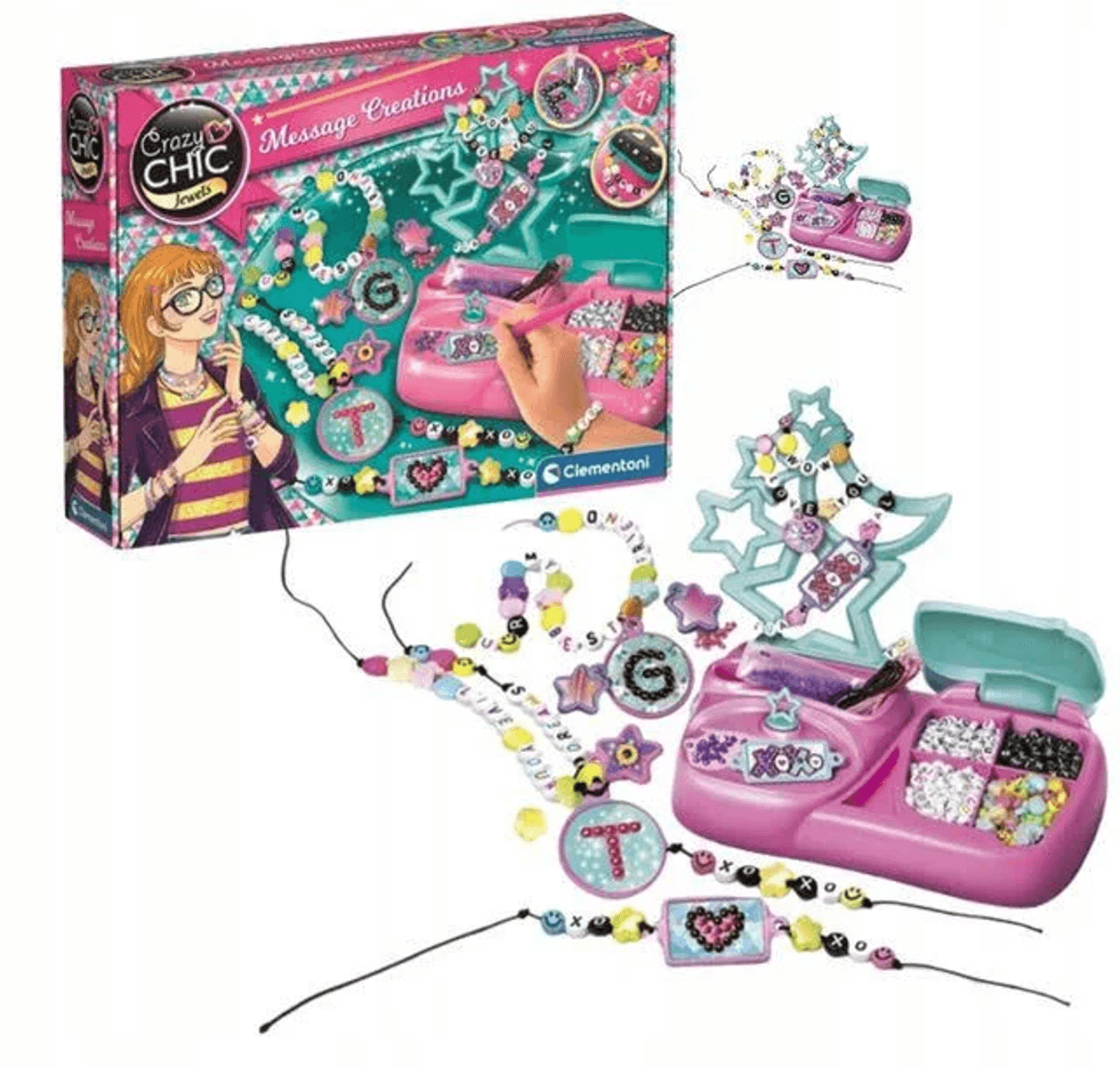 Set de joyería Crazy Chic con caja rosa, cuentas y pulseras hechas a mano.