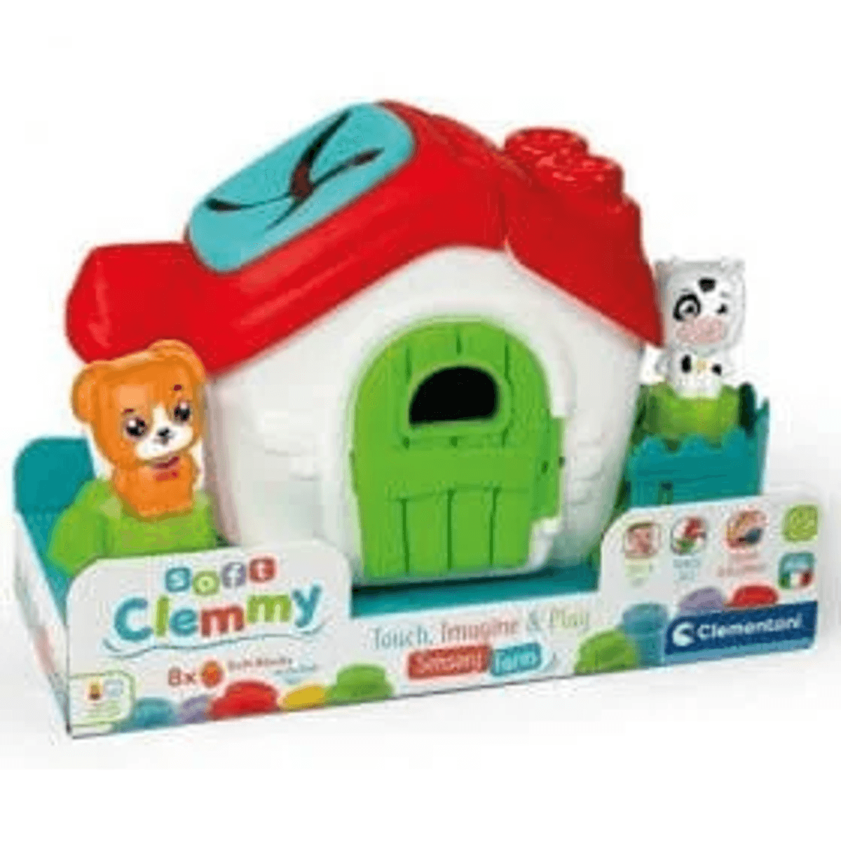 Casita de juguete Soft Clemmy con techo rojo, puerta verde y dos figuras de animales.