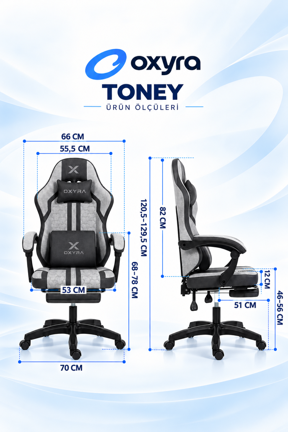 Oxyra Toney oyuncu koltuğu gri ve siyah renklerde ürün ölçüleri şeması.