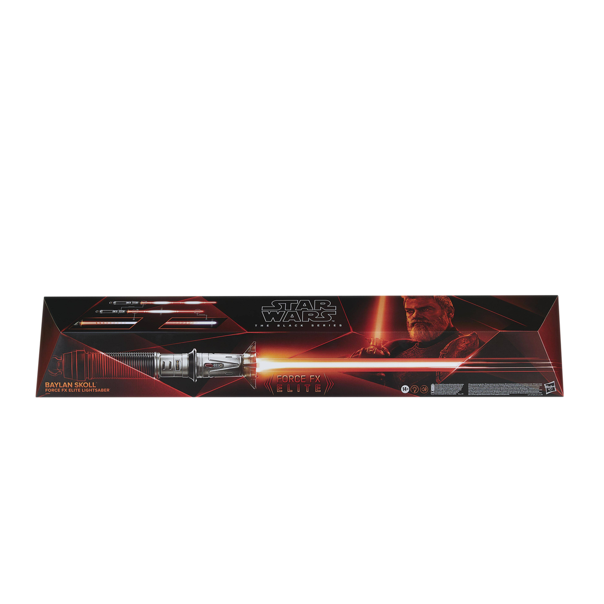 Caja de sable de luz Star Wars Baylan Skoll Force FX Elite con gráfico de hoja roja y blanca y retrato de personaje.